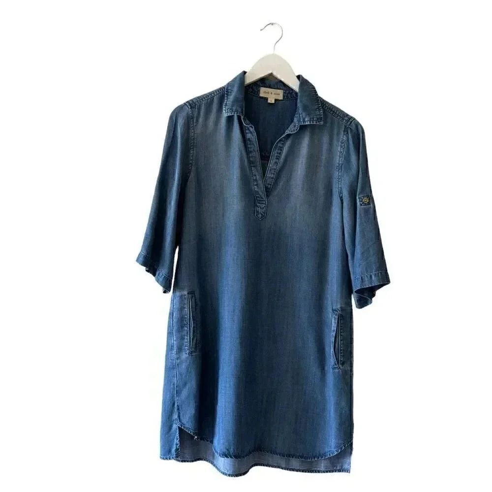 Anthropologie Cloth & Stone Roll Table Sleeve Mini Dress Collared Denim S # 1905